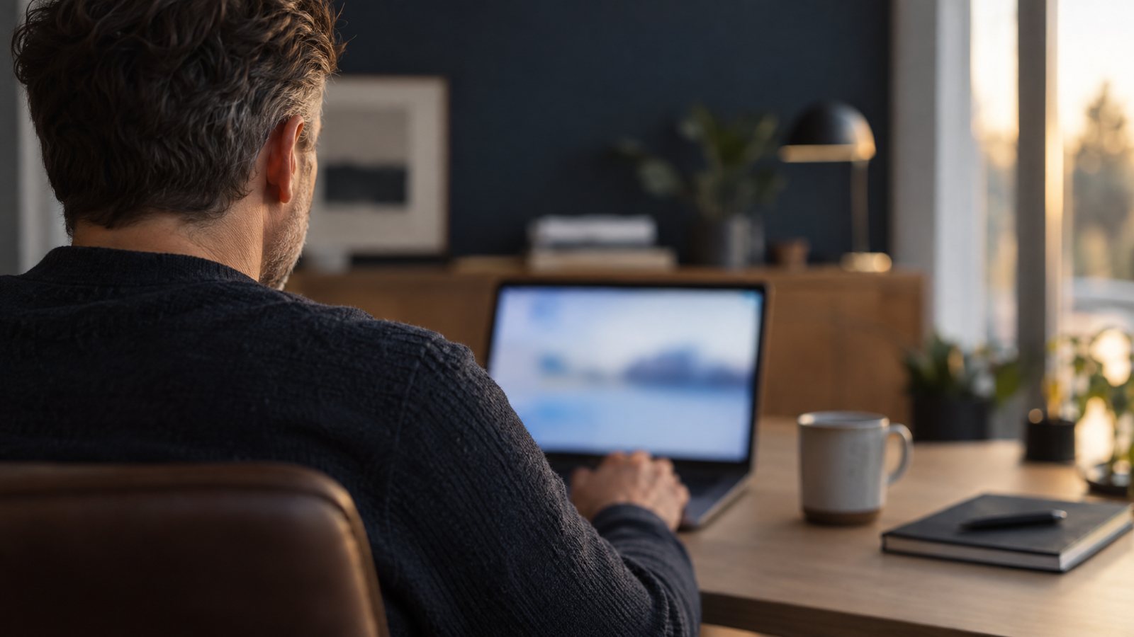 A person working at a laptop, seen over the shoulder